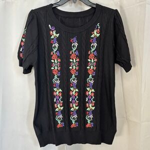 Coquette‎ Womens Sweater Large Floral Embroidered Cable Knit Cottagecore 20912